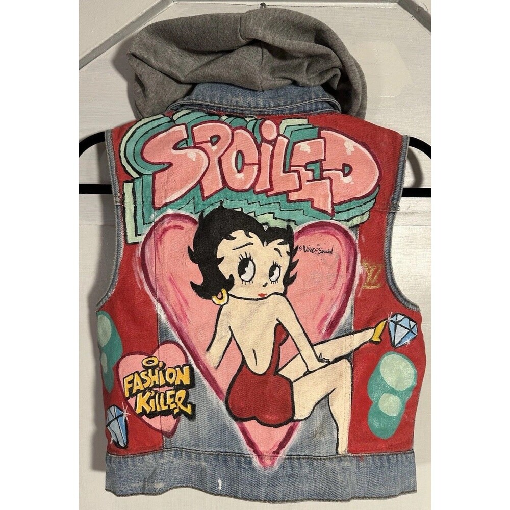 Custom Hand Painted Betty Boop Denim Vest Hoodie Y2K Graffiti Streetwear Art M